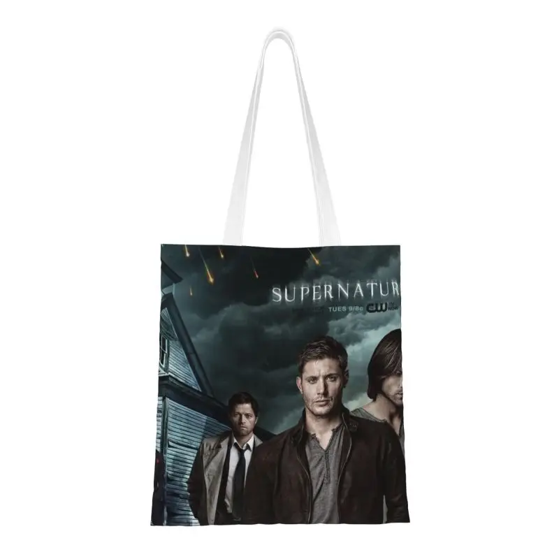 Fashion Printing Supernatural TV Show Shopping Tote Bags Portable Canvas Shoulder Shopper Winchesters Bro Dean and Sam Handbag