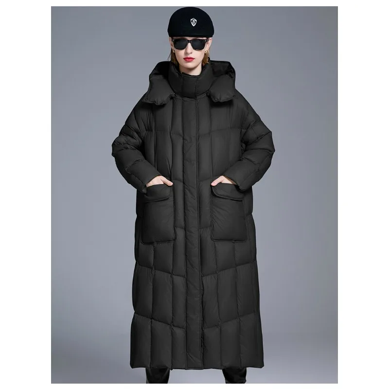 Luxo de alta qualidade 90% pato branco para baixo inverno para mulheres solto quente engrossar resistente ao frio casacos longos com capuz
