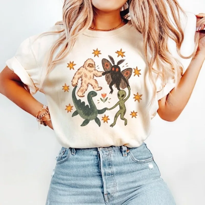 Women's Daily Casual Cotton Clothing, Printed Short Sleeved Shirts, Fun Printed T-shirts, Moths, Aliens, Loch Ness Monster