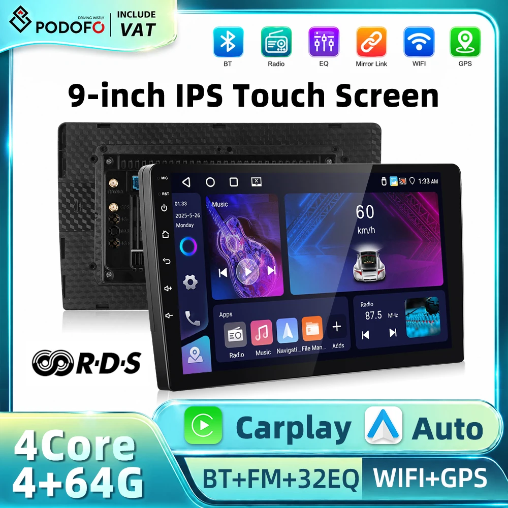 Podofo 9 Zoll Doppel-DIN Android Autoradio Multimedia-Player 4+64G HD 1080P IPS Touchscreen 4 Kerne Wireless Carplay Android Auto Mirror Link Autoradio WIFI GPS BT FM/RDS USB Unterstützung