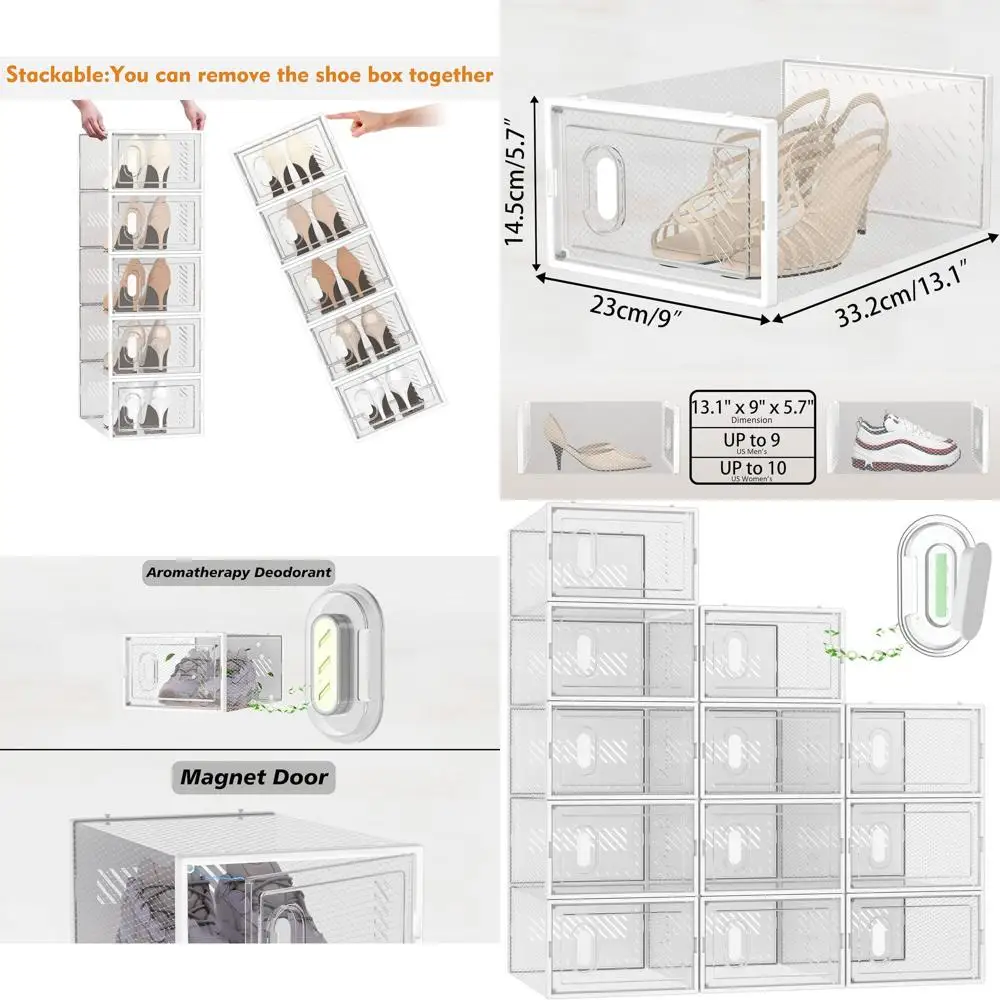 

Штабелируемые прозрачные пластиковые контейнеры для хранения обуви, набор из 12 предметов для шкафа, подходит для обуви размером 10 с крышками