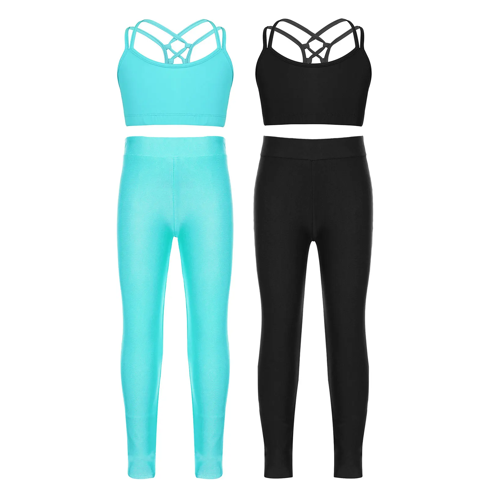 

2Pcs Girls Gymnastic Sportswear 2024 Criss Cross Back Tanks Bra Crop Top+Leggings for Yoga Ballet Dance Workout Swimming Suit