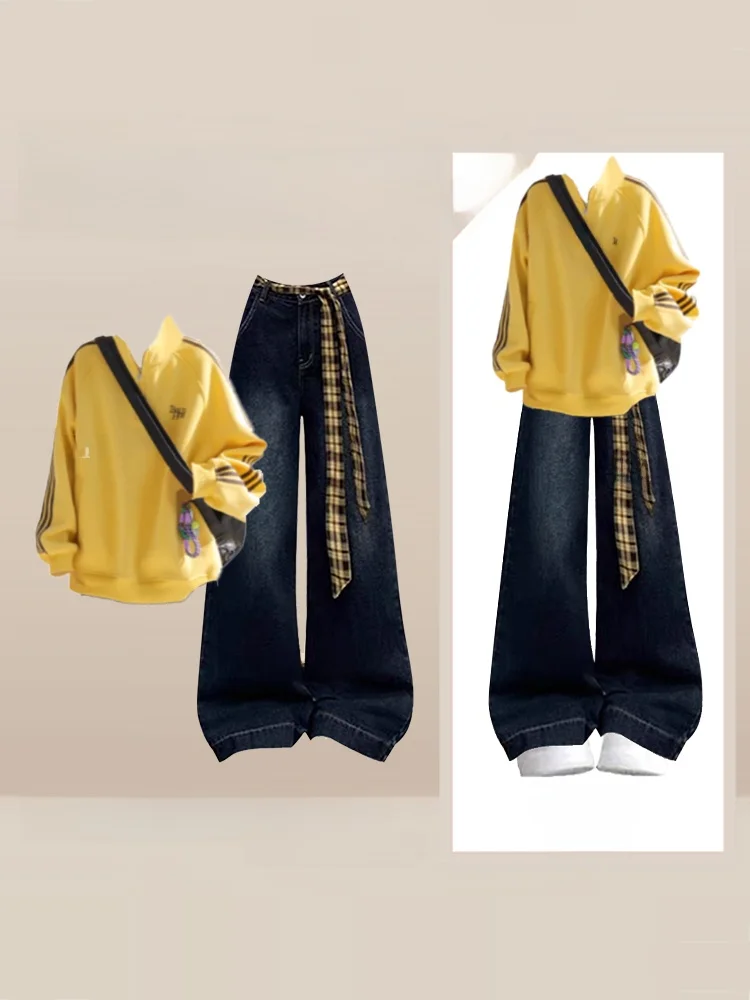 

Корейский модный универсальный полосатый цветной вязаный открытый кардиган, женские осенне-зимние новые одинаковые широкие джинсы, Tw...