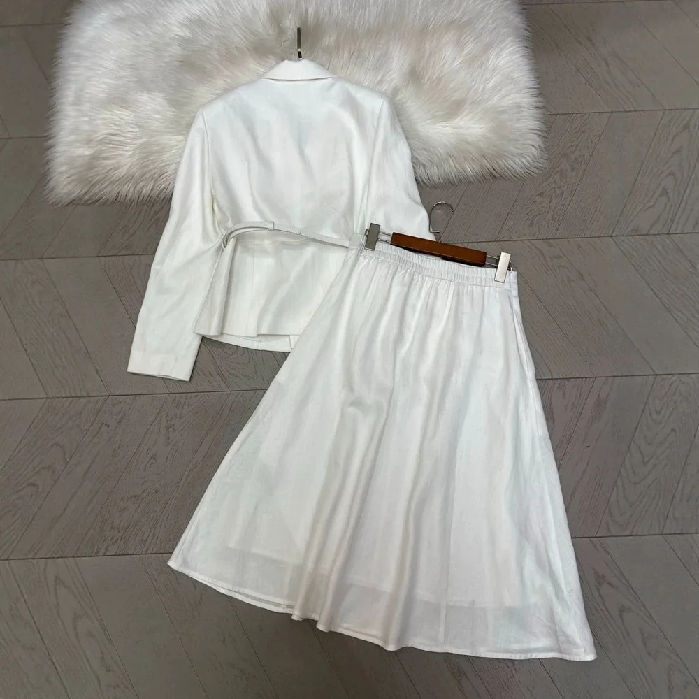 Women's White Linen 2-Piece Outfit, Belted Blazer and Midi Skirt Suit Set