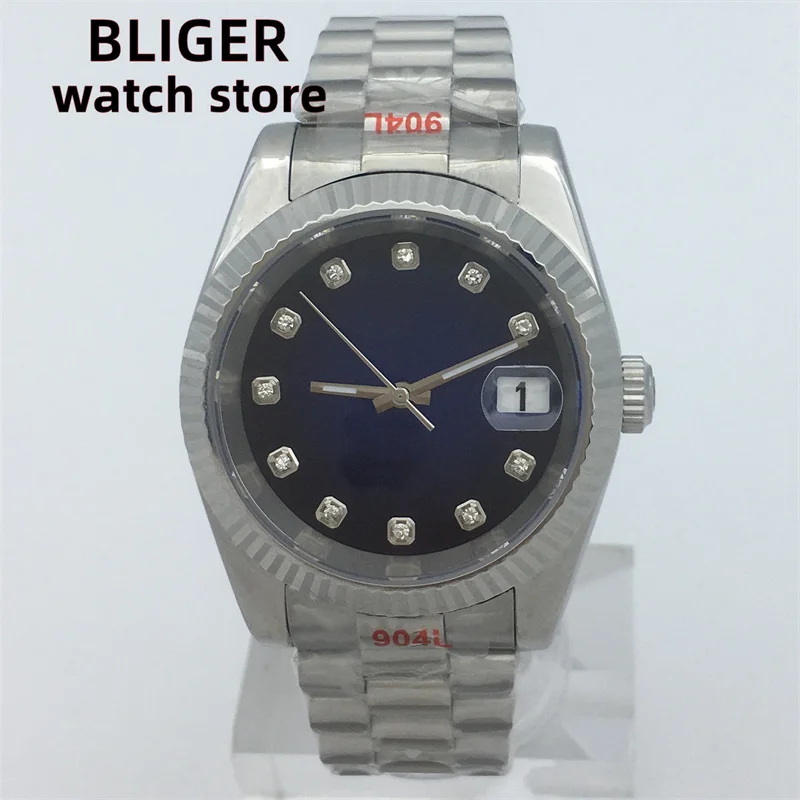 

Bliger Men's Watch NH35A Automatic Movement 36mm/39mm Sapphire Glass President Bracelet Diamond dial Date Black Blue White Green