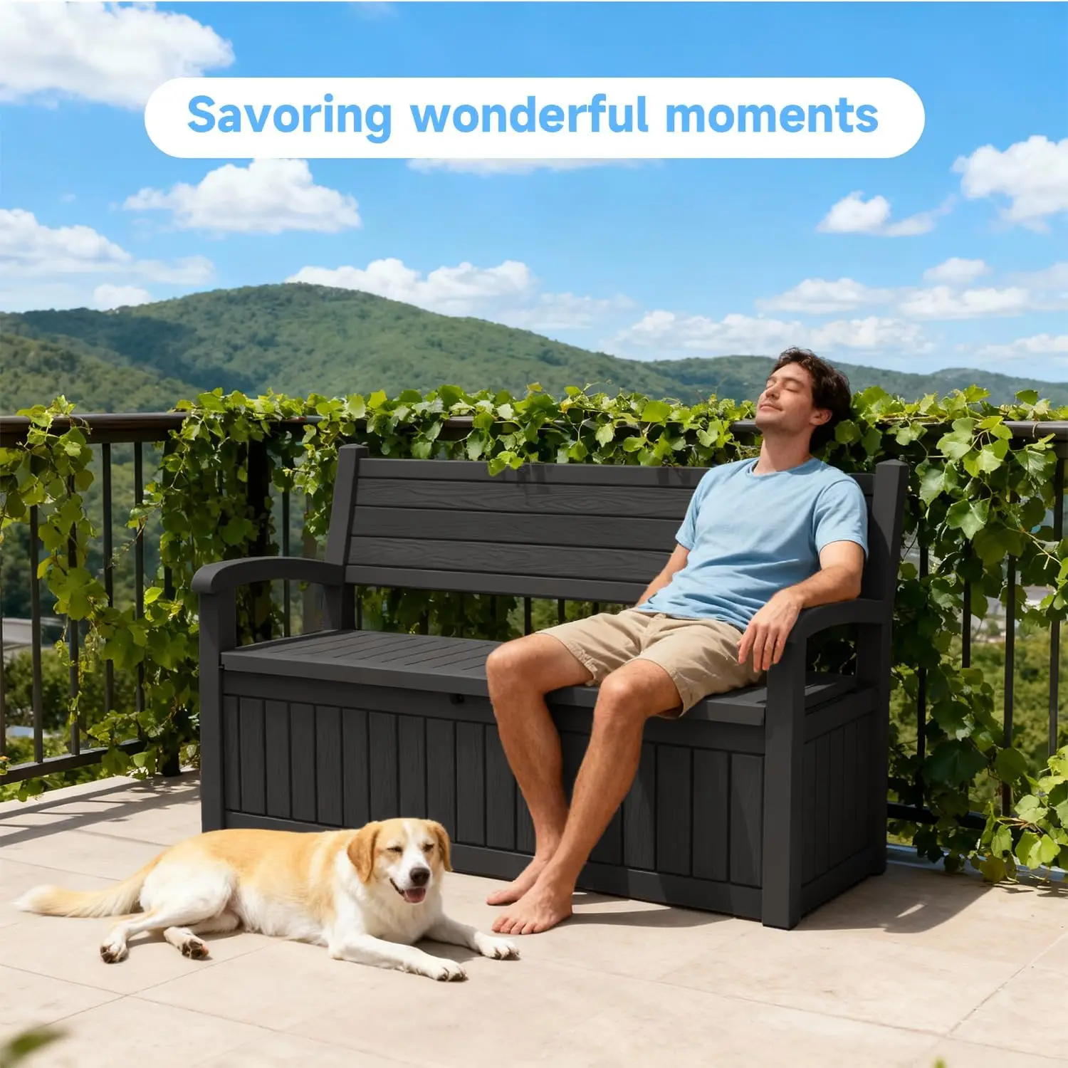 Indoor Plastic Storage Box 80 Gallon Capacity, All Weather Outside Storage Bin With Comfort Cushion Seat, Heavy Duty Patio Deck Bench Organizer For Garden Backyard, Black view 6