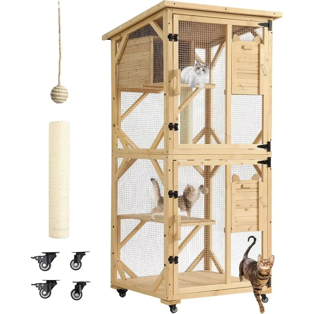 Outdoor Cat Enclosure with 4-Tier Playpen, Wheels, Resting Box, Waterproof Roof, Indoor Large Cat House Cage, and Scratching Pos