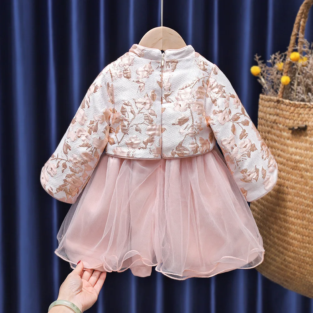New Year Chinese Style Tang-suit Children Clothes Kids Thick Pink Red Dress Baby Girls Outfits