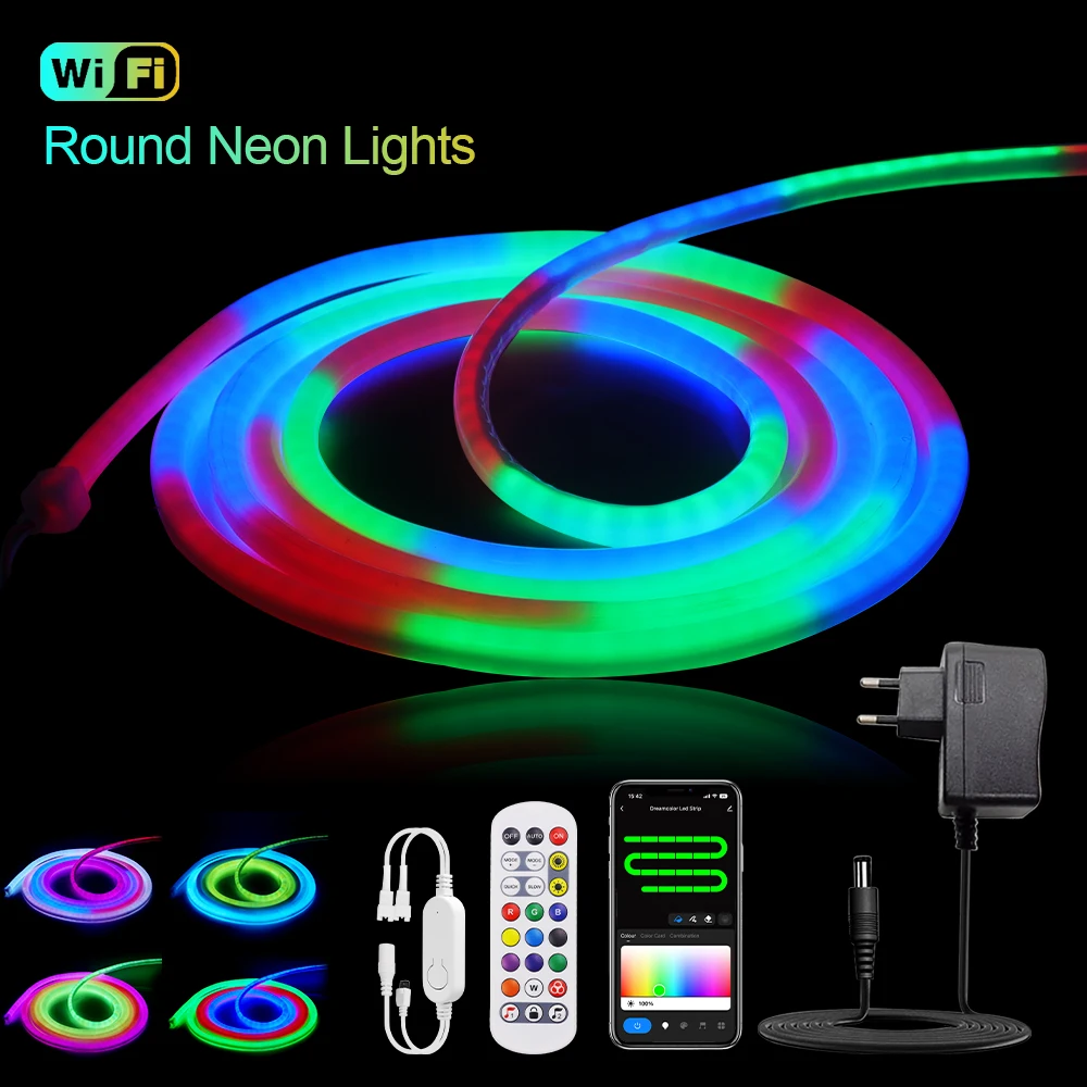 360 Round Neon LED Strip Light 24V WS2811 RGB IC Smart WiFi Bluetooth Remote Control Waterproof Neon Rope Lights Holiday Decor