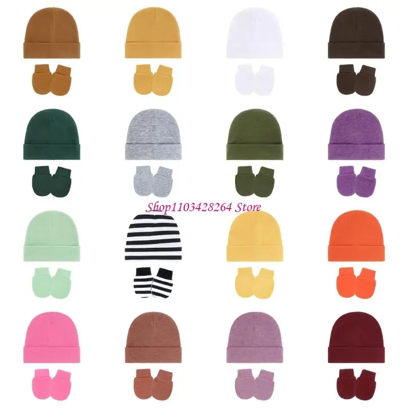 

Set of 1 Elastic Infant Fetal Hat with Matching Mittens Soft Fabric Shower Gift