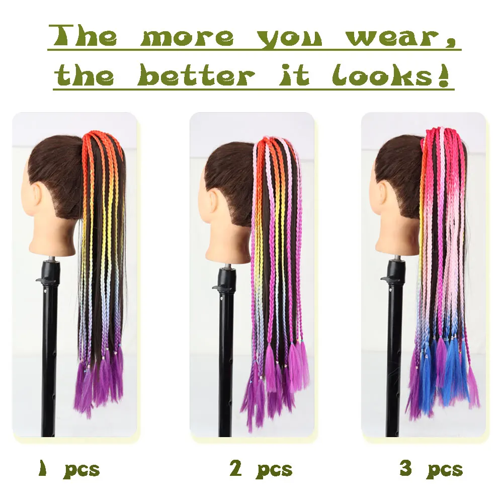 AZQUEEN-Extensão Do Cabelo De Rabo De Cavalo Trançado Colorido Sintético, Tranças Coloridas Do Arco-Íris, Cauda De Pônei com Elástico, Pigtail Da Menina