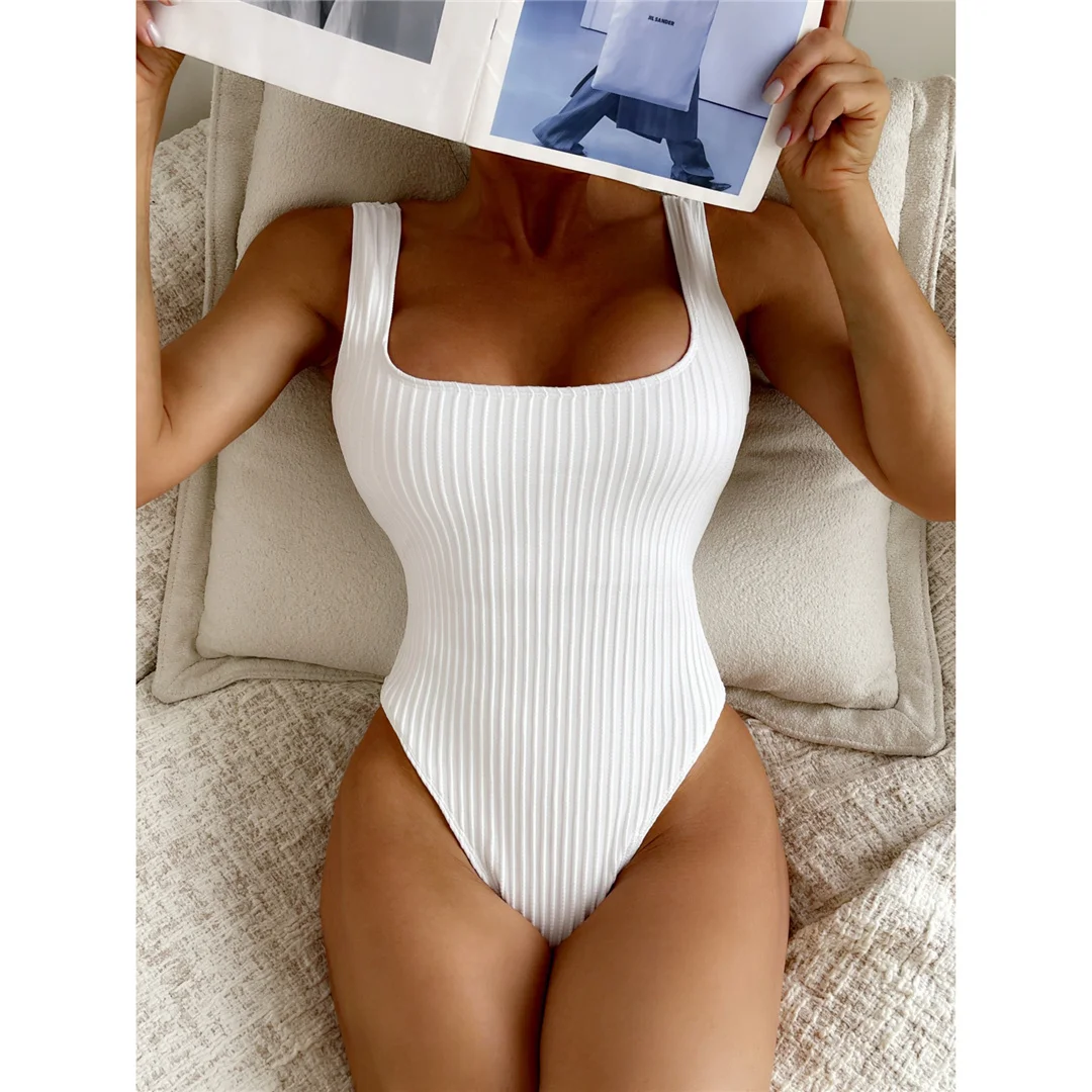 S - XL Sexy weißer, gerippter, rückenfreier Badeanzug mit Ausschnitten, Damen-Badebekleidung, Badeanzug mit hohem Beinausschnitt, Badeanzug, Modell V5889 – Detail 8