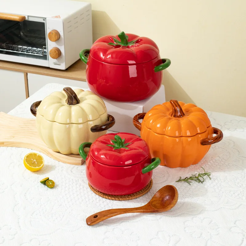 

Ceramic Binaural Noodle Bowl with Lid, Creative Pumpkin, Large Size, Soup Plate, Household