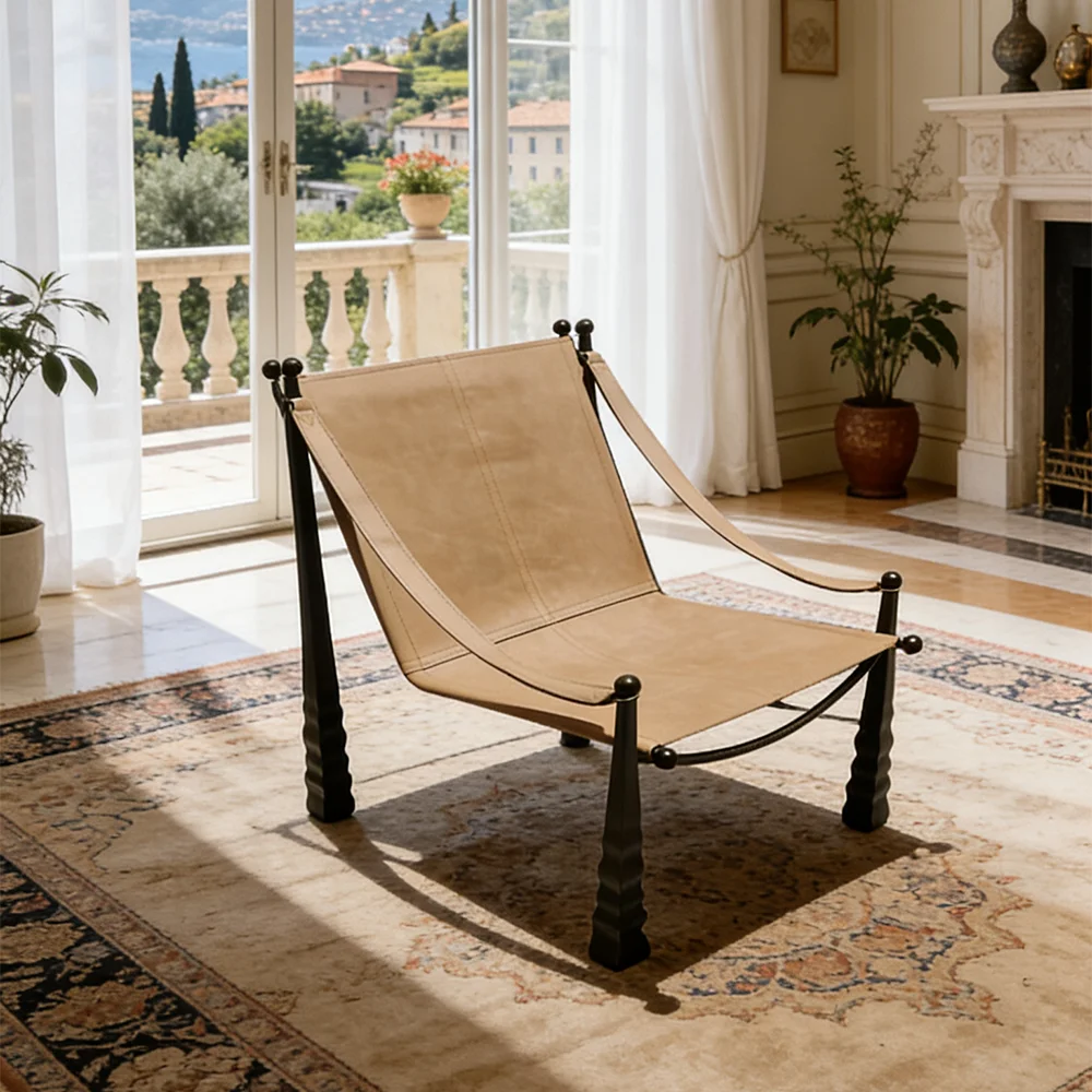 

klVintage Style Sling Lounge Chair: Genuine Leather Seat with Unique Black Metal Legs for Living Room！