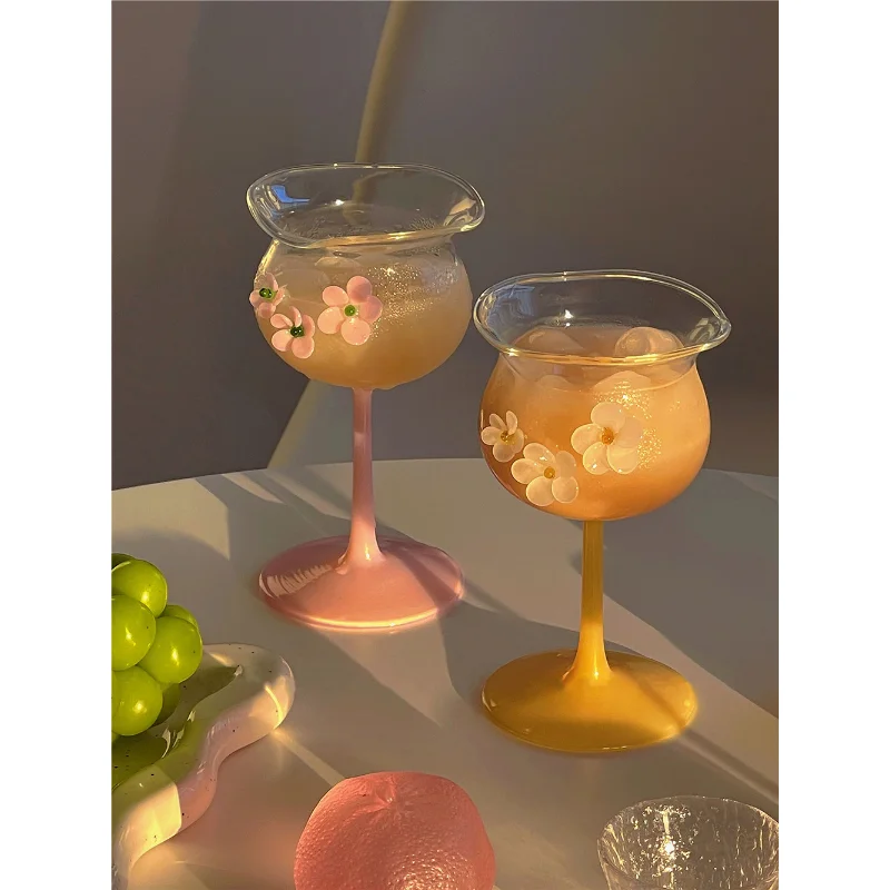 INS Korean 3D Flower Milk Coffee Cup Crystal Cocktail Champagne Wine Glass 280ML Irregular Home Party Alcohol Juice Drinking Cup