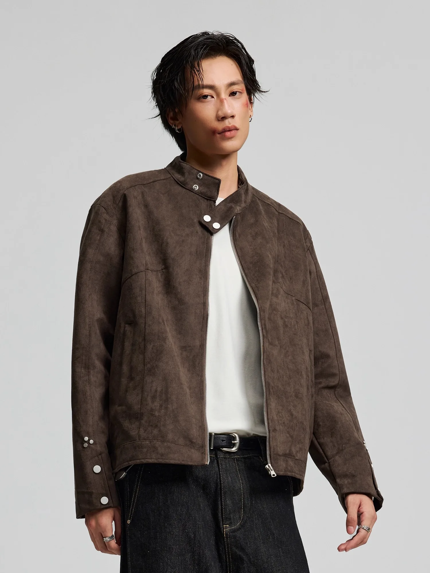 

Ретро-куртка в американском стиле для пар, коричневая, из искусственной замши, с воротником-стойкой, на молнии, мотоциклетная, для мужчин и женщин