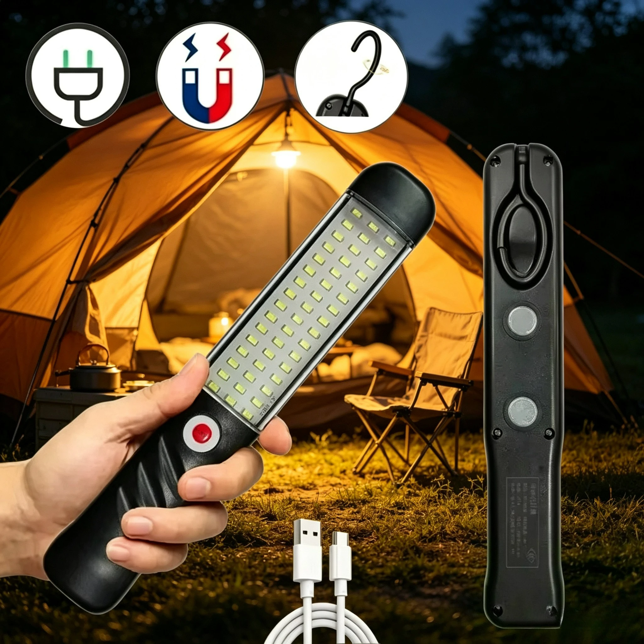 Portable Magnetic Auto Repair Work Light USB Rechargeable LED Flashlight With Magnet Hook For Car Repair Fishing Emergencies