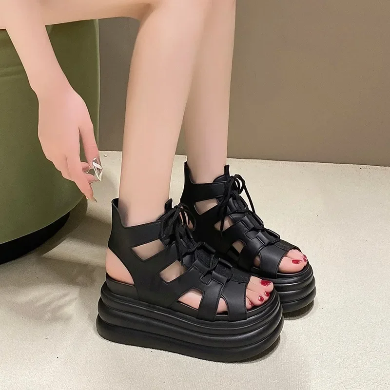 8.5CM Thick Bottom Gladiator Shoes Woman New Summer Chunky Sneakers High Platform Sandals Hollow Out Wedge Heels Beach Sandalias