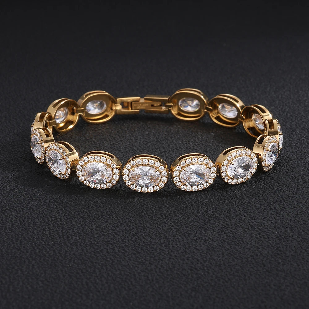 NY Sparkling Oval Halo Zircon Link Bracelet Iced Out 316L Stainless Steel For Men Women Hip Hop Wedding Banquet Jewelry Bracelet