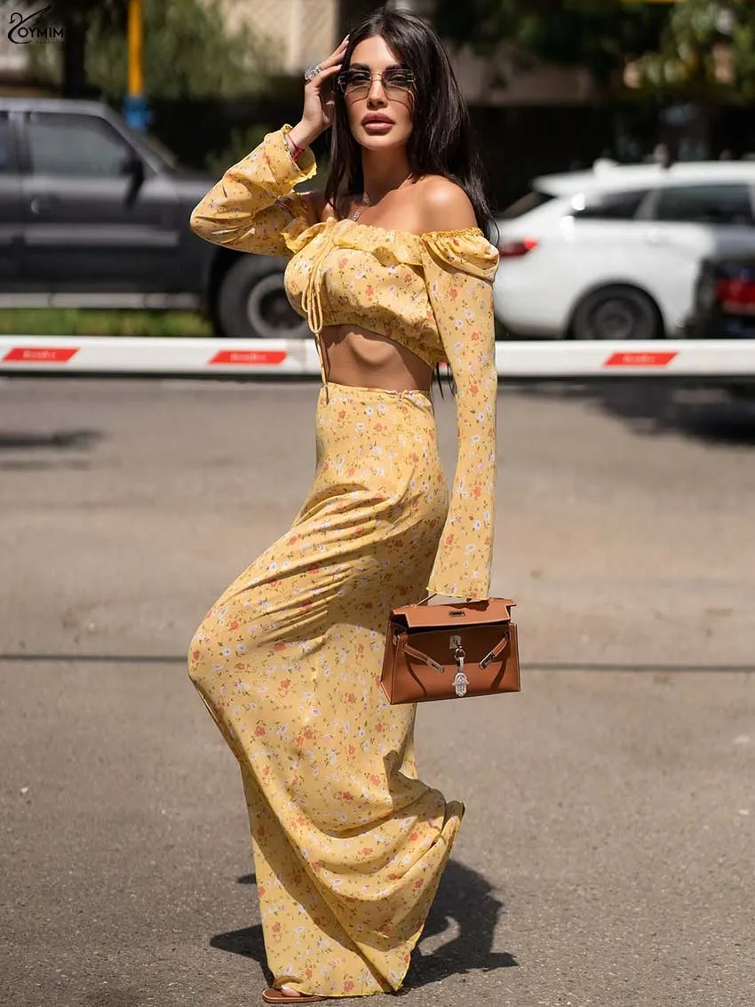 Oymimi-Conjunto informal de 2 piezas con estampado amarillo para mujer, Tops con cordones de manga larga sin tirantes + faldas rectas hasta el suelo