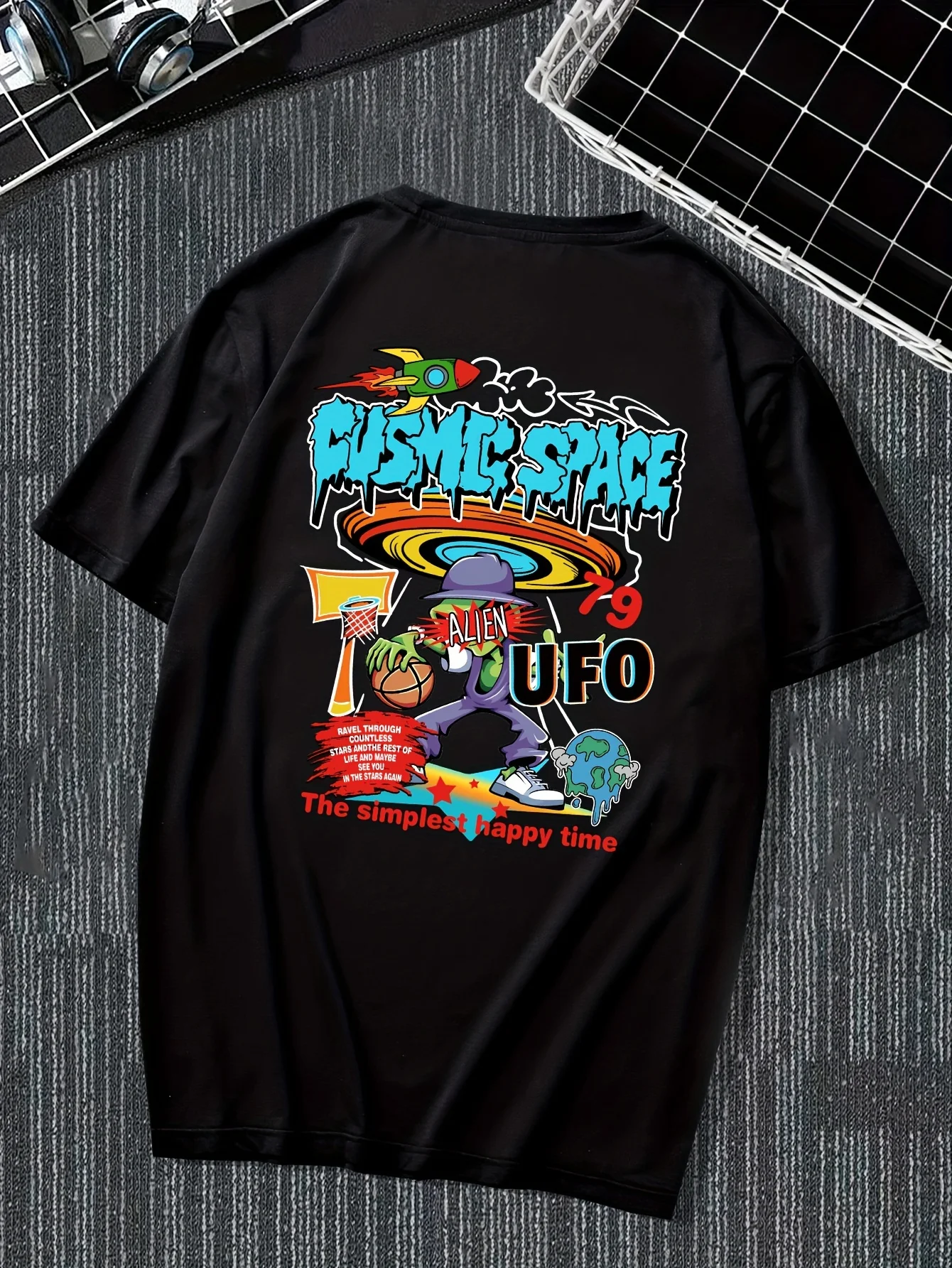 Trippy Cosmic Space UFO Tee with Alien Head and Vibrant Psychedelic Print 100% Cotton Men's T-shirt Summer Fun Streetwear