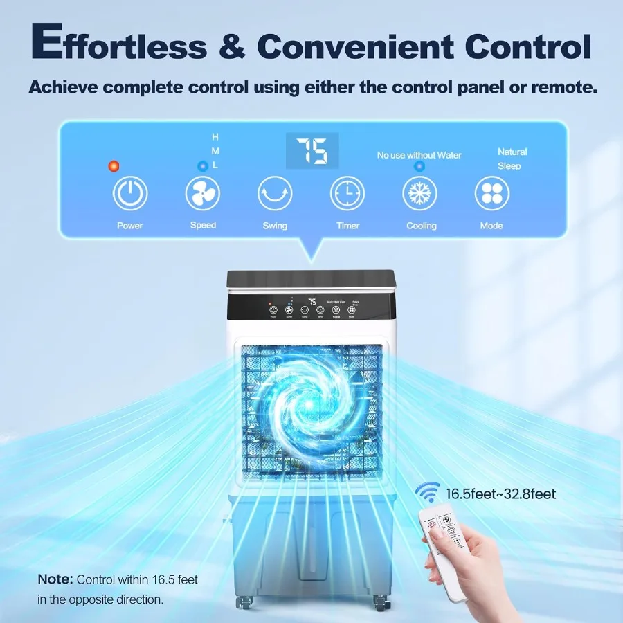 เครื่องทำความเย็นแบบระเหยพกพา 3800 CFM สำหรับใช้ภายในและภายนอกอาคาร ระบบทำความเย็น 3in1 พร้อมถังน้ำขนาด 7.6 แกลลอน 12