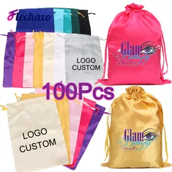 100Pcs Wholesale Silk Satin Bags Hair Packaging Bags Logo Custom Soft Silky Pouches Wigs Bags Hair Tools Storage Bags Home Salon