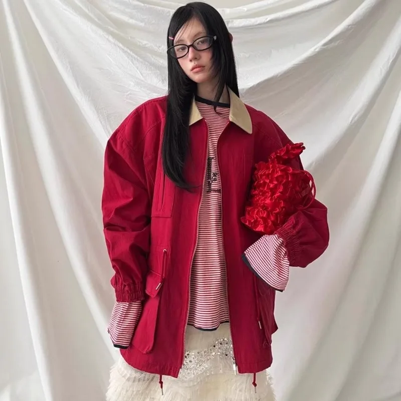 

Куртка сафари с лацканами в стиле ретро, корейский стиль, пальто оверсайз с несколькими карманами для женщин, осень 202, новое красное свободное пальто