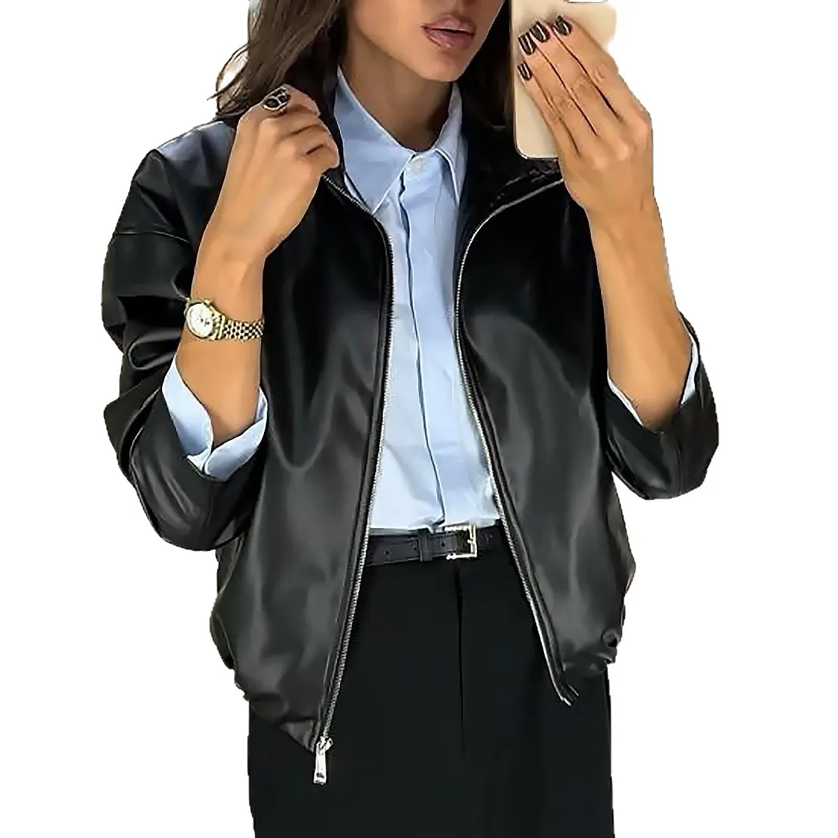 Giacche da donna in ecopelle con cerniera colletto rovesciato cappotti tinta unita manica lunga streetwear giacca da lavoro regolare autunno inverno 2025