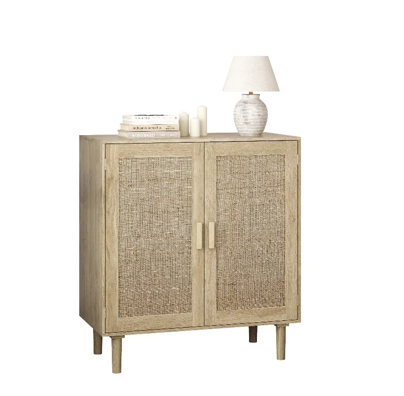 Meuble de rangement en rotin naturel avec 2 portes, cadre en bois massif et fermetures magnétiques, unité d'affichage à étagères ouvertes pour salon, salle à manger ou entrée, meuble de rangement de style bohème.