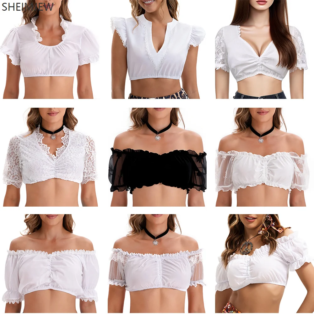 

Women Sexy Dress Bavaria Oktoberfest Costume Ding Dong Shirt Cosplay German Traditional Beer White Black Lace Short-sleeved Top