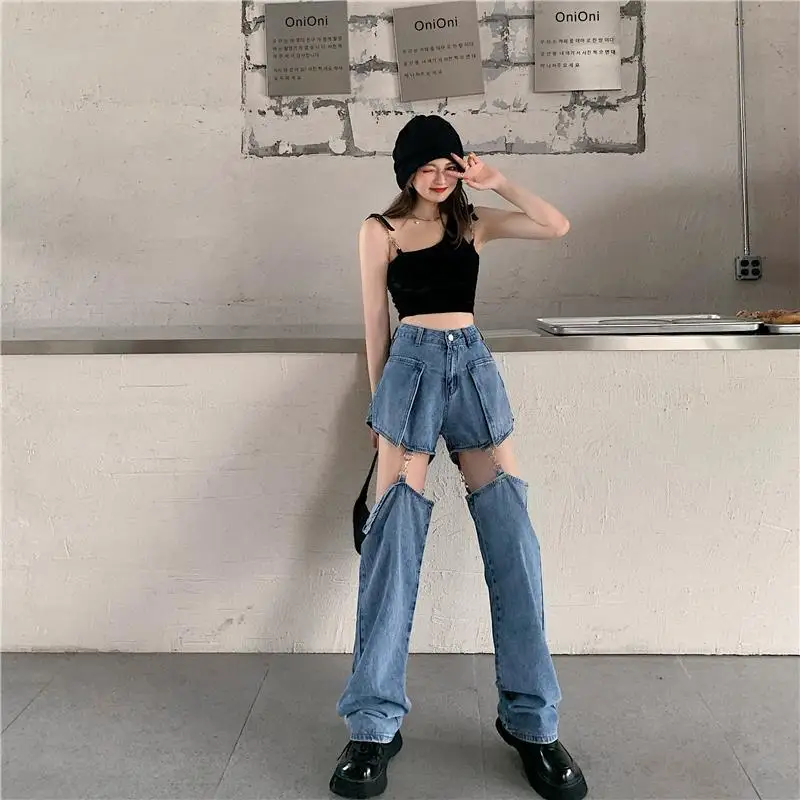 Retro Jeans For Women Straight Leg Loose Fit High Waist Wide Leg Detachable Spicy Slimming Pants