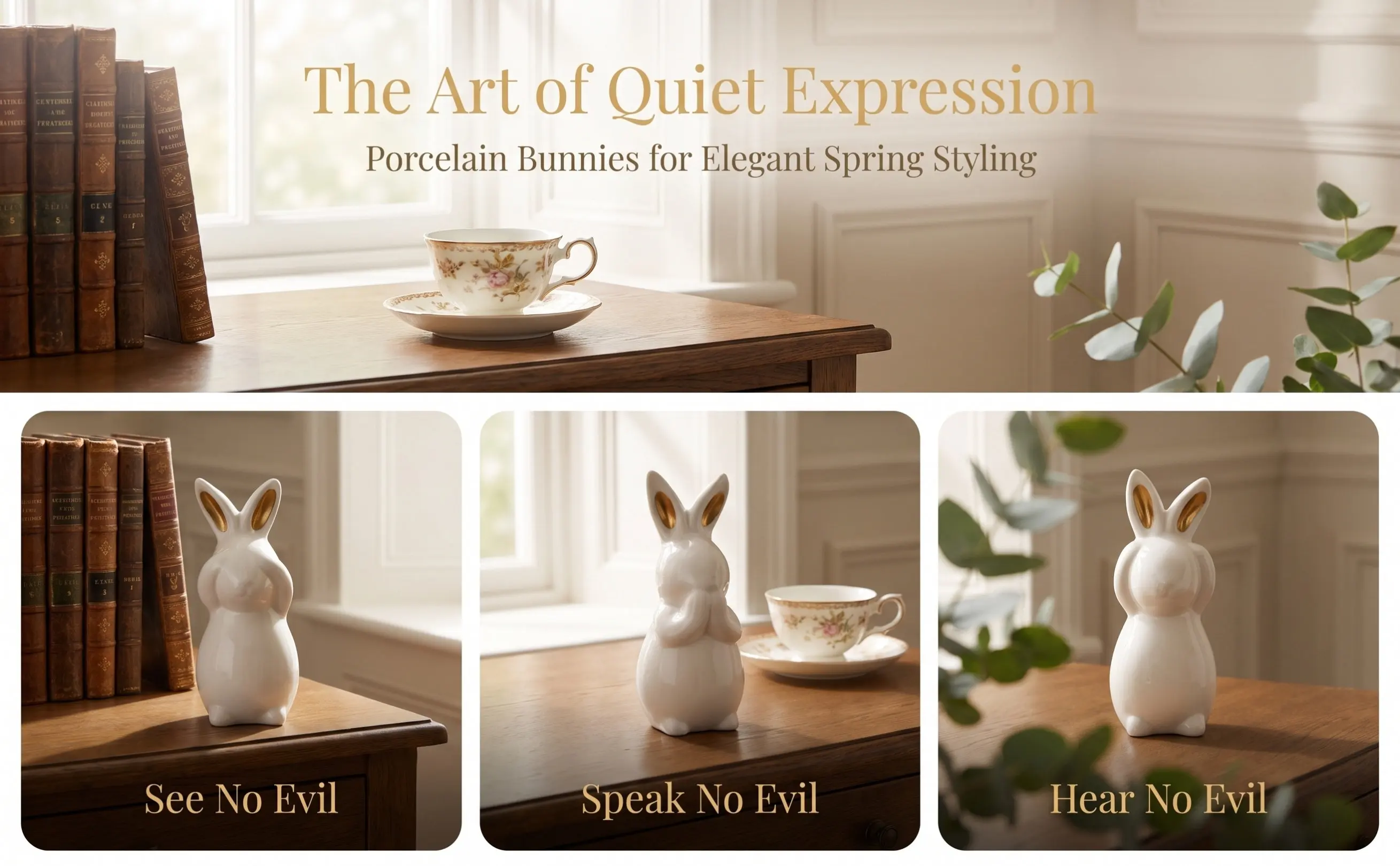 3Pcs Bunny Easter Decor Decorative Ceramic Statue Ornaments No Hear Speak See Decoration Desktop Home Porcelain