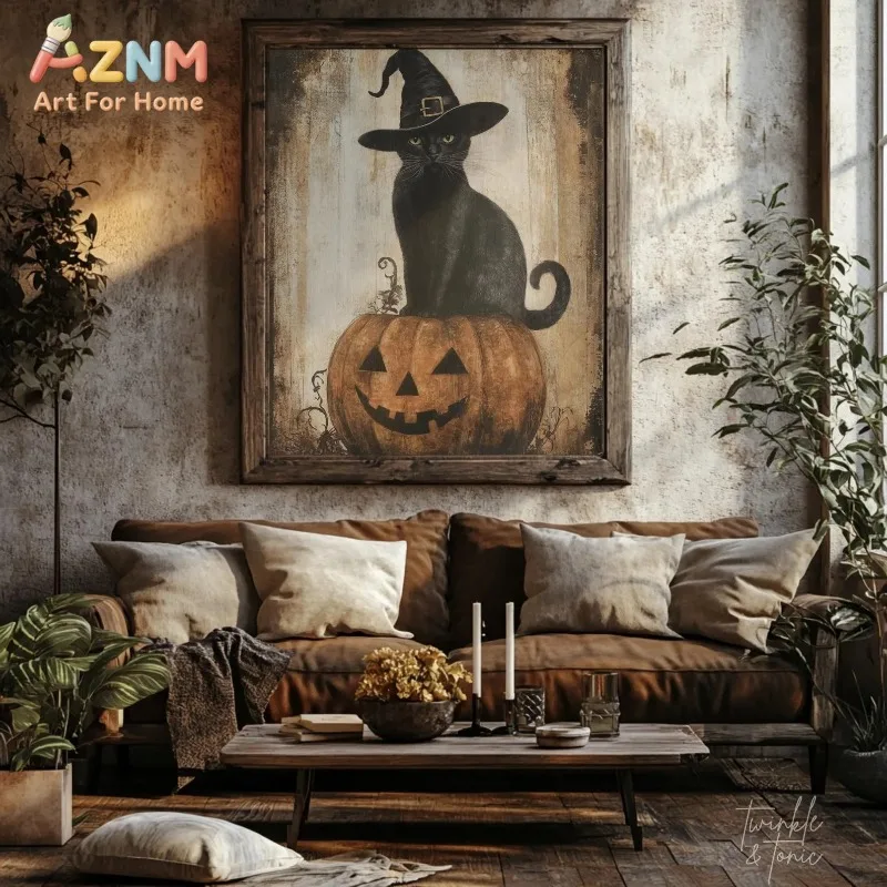 Vintage Rustic Black Cat Witch Hat Sitting on Pumpkin Distressed Texture Halloween Canvas Poster Prints Frameless Wall Art Decor