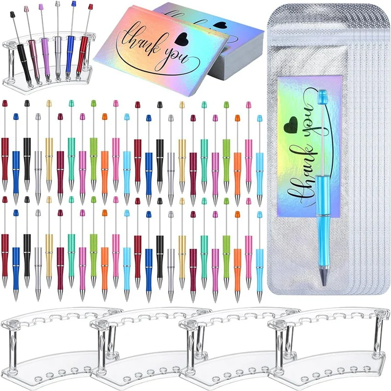 

148 Pcs Beadable Pen Gifts Set Includes 48 Pcs Beadable Pen 48 Pcs Pouch Bag 48 Pcs Thank You Cards 4 Pcs Pen Holder Durable