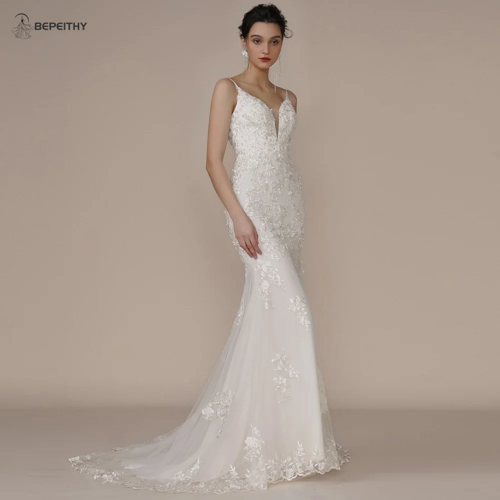 

BEPEITHY Mermaid Lace Wedding Dresses For Women Sleeveless 2023 Sweep Train Ivory Trumpet Bride White Bridal Gown V Neck Vestido