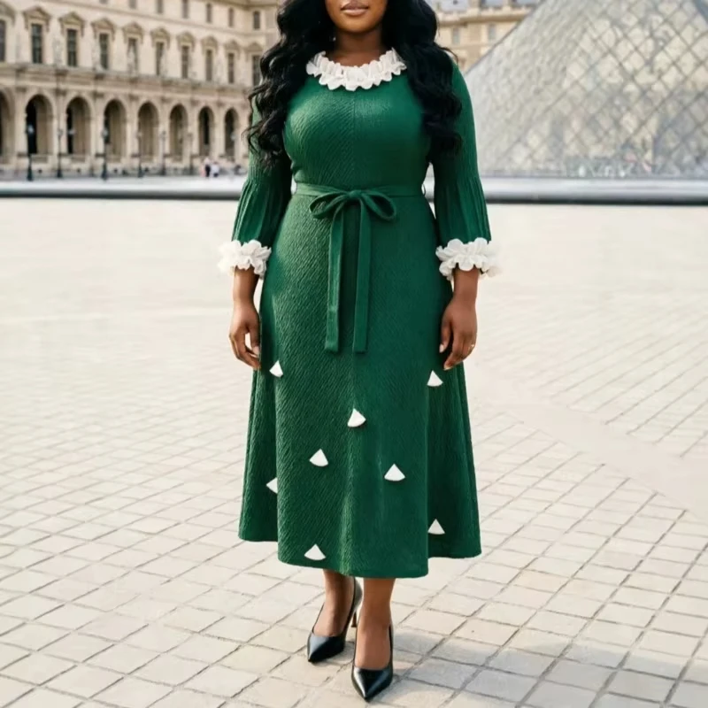 ANLAN High-end New Miyaki Textured Women's Pleated Dress Belted Waist Three Sleeve Casual Famel Elastic Clothing 2026 Summer New