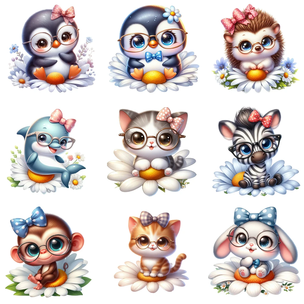 

15cm Kids Daisy Flower Animal Cat Penguin Iron On Heat Transfer Sticker DTF Iron On Transfer Patches For Children Clothes Decals