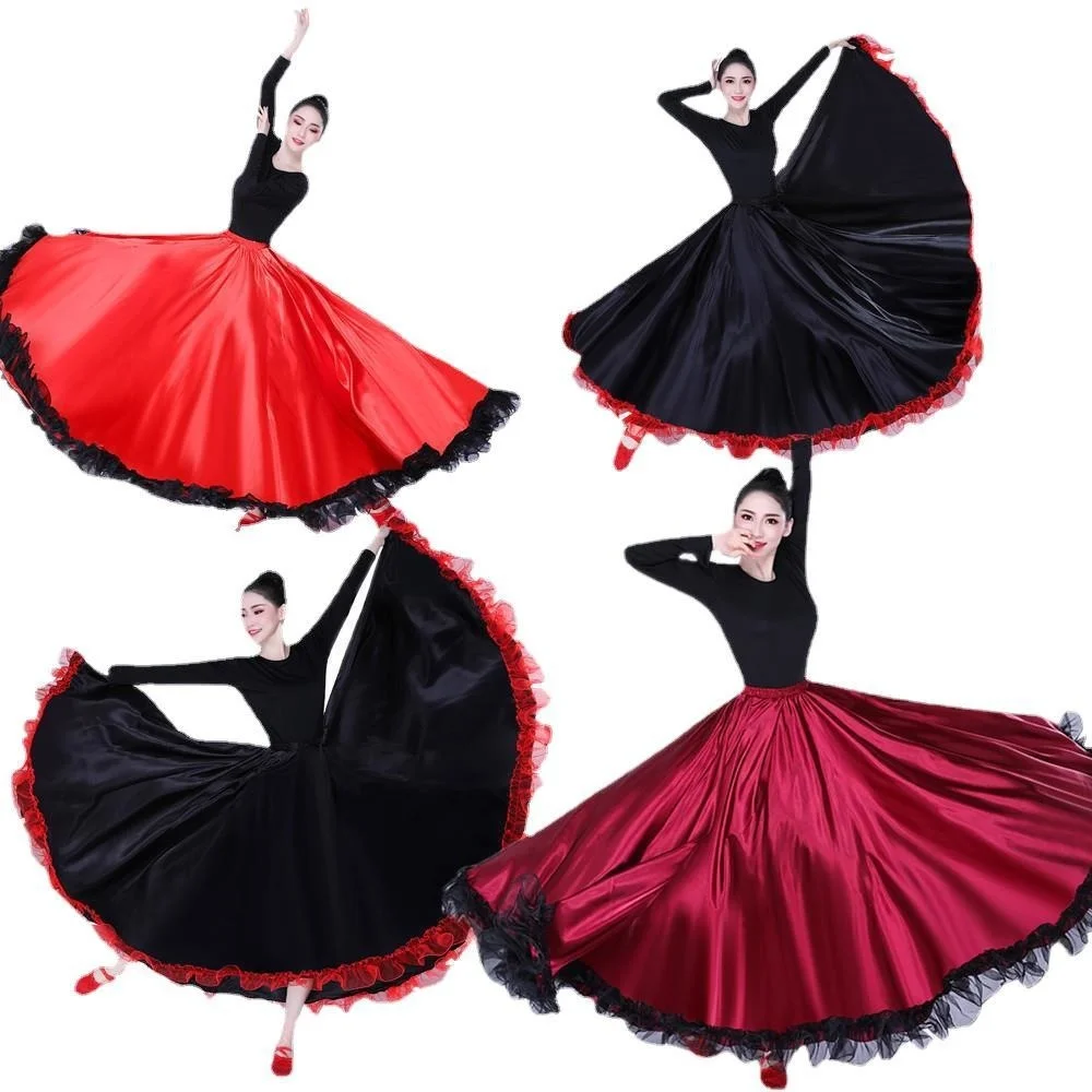 Gonna lunga da donna in raso a strati neri rossi per danza del ventre di flamenco spagnolo Gypsy Mexico Ballet Folklorico Performance Costume