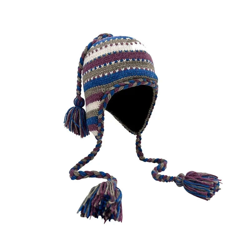 

Knitted Hat Women Men Winter Version Stripe Pompom Versatile Thermal Ear Protector Warm Bomber Hat Vintage Handmade Tassel Braid