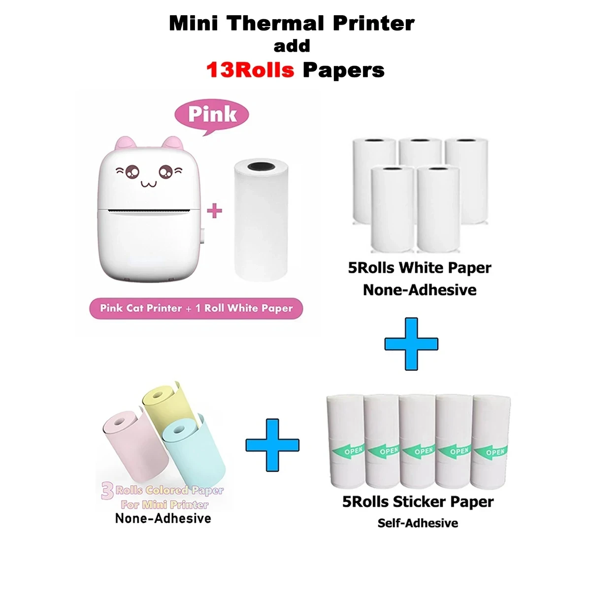 Portable Mini Thermal Printer with 13 Rolls Papers Wireless BT 200dpi Photo Label No Ink Print Memo Wrong Question Printing