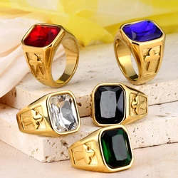 Punk Charm Multi-colored Stone Rings for Men Women Party High Quality Vintage Stainless Steel Cross Ring Jewelry Gift Wholesale