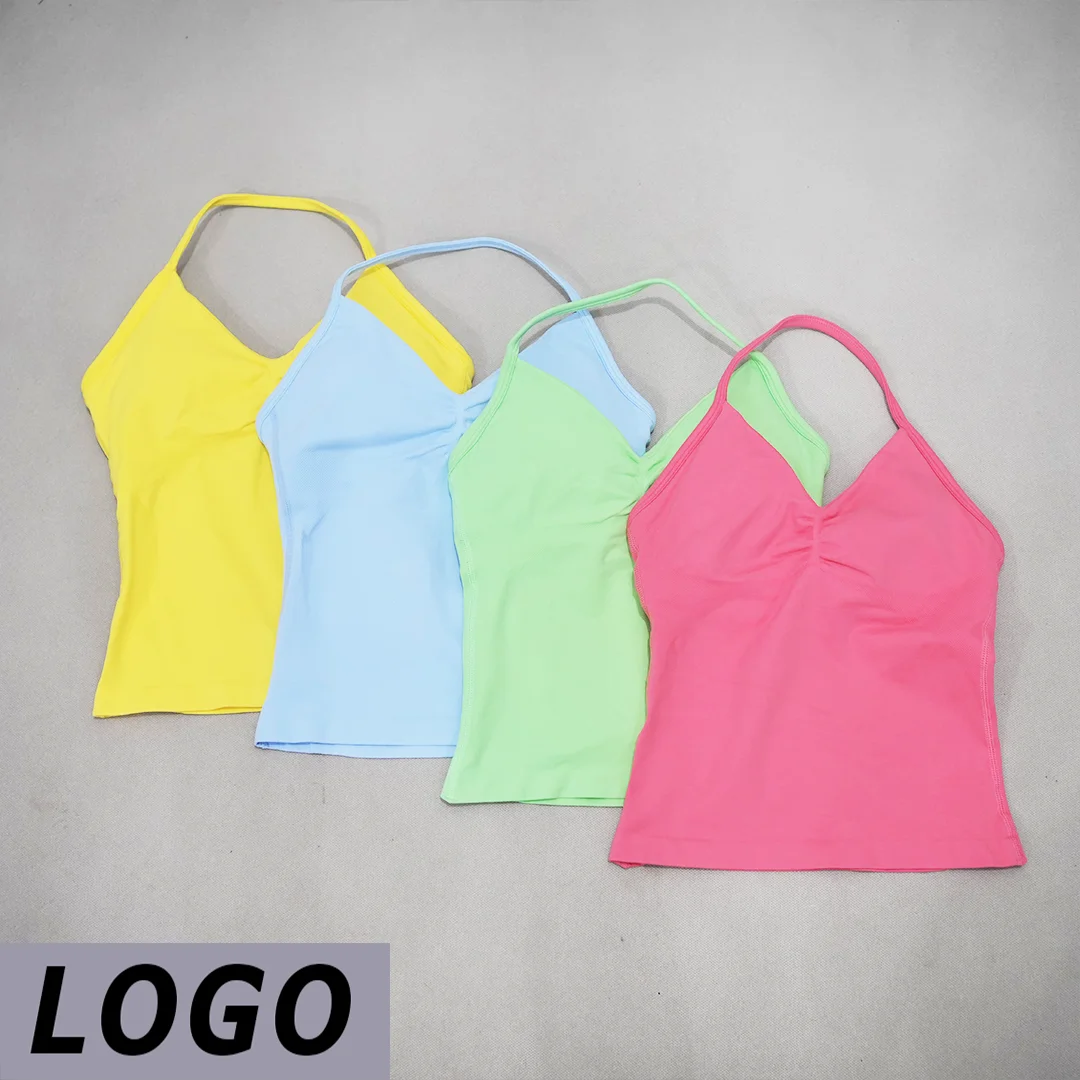 DF-LGOO Seamless Longline Strappy Sports Tank Top For Women V Neck Yoga Vest Removable Pads Soft Breathable For Gym Running