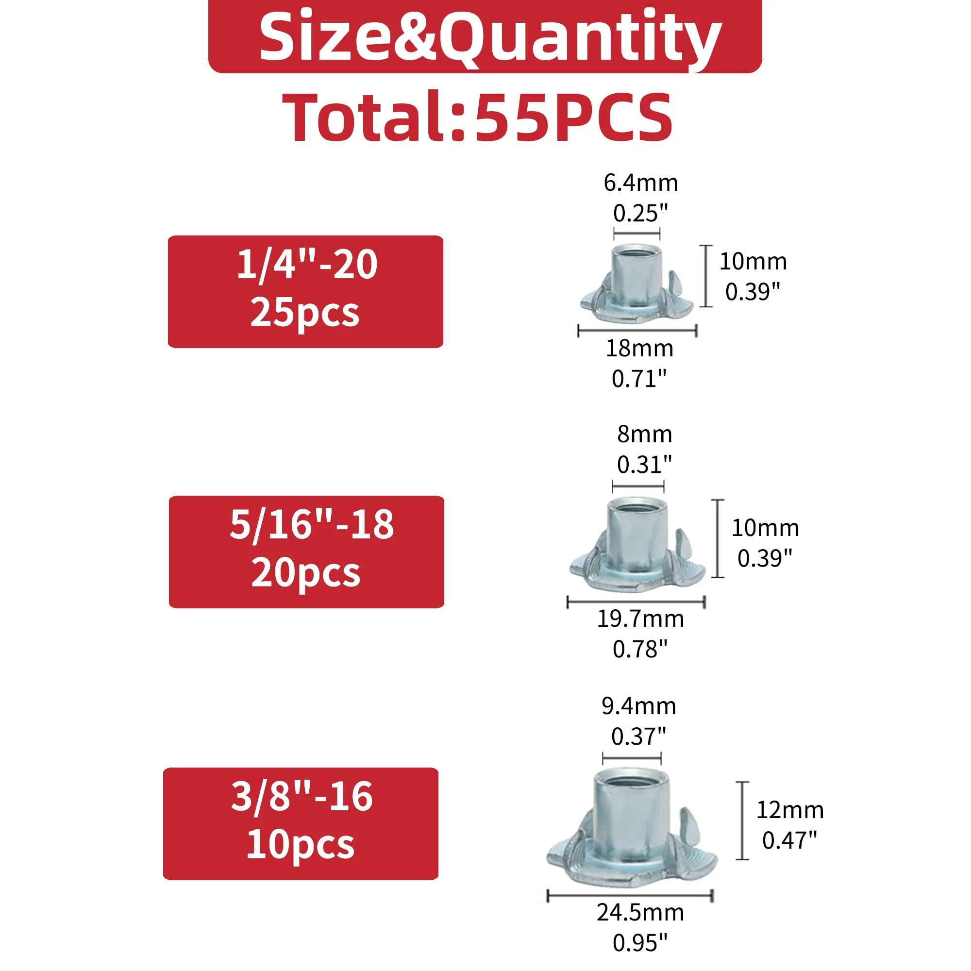 55pcs 4 Pronged Tee Nut Assortment Kit 1/4'-20 5/16'-18 3/8'-16 Four Claws Nut Speaker T-nut Blind Pronged Insert