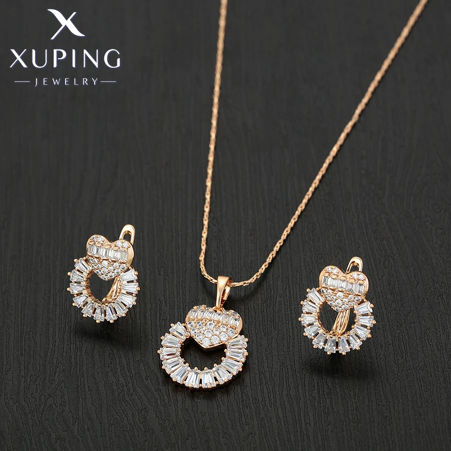 Xuping Jewelry Popular Charm Heart Jewelries Party Gifts Hoop Earring Pendant Necklace Set for Women   X000666982