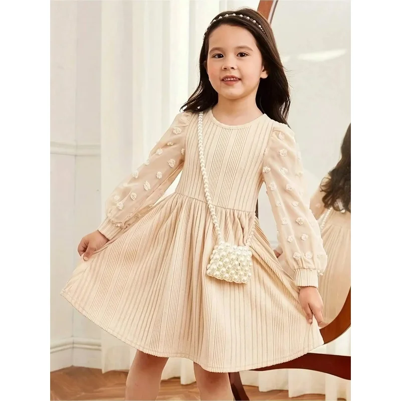French Elegant Polka Dot Velvet Long Sleeve Dress Lace Patchwork round Neck Lantern Bubble Sleeve Umbrella Skirt Woven Gown