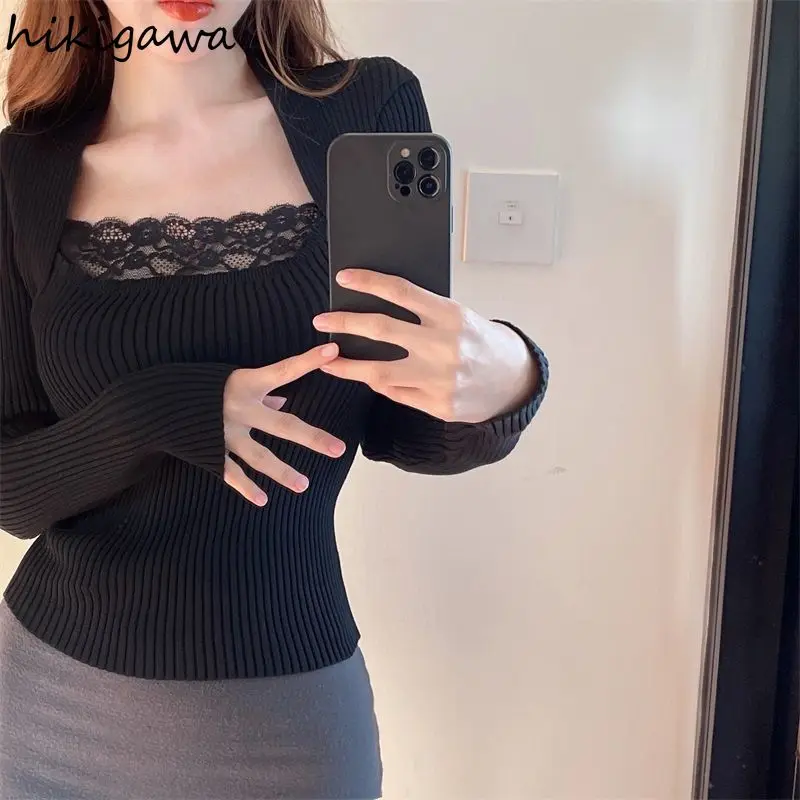 2023 Ropa Mujer Tunic Korean Pullovers Women Clothing Square Collar Patchwork Lace Jumper Fashion Temperament Knit Sweater Tops