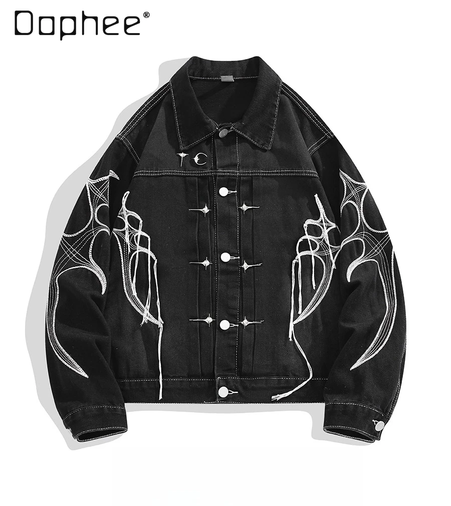 

2025 Spring and Autumn New American Style Men's Tassel Black Denim Jacket Cool Dark Vintage Motorcycle Embroidered Jacket