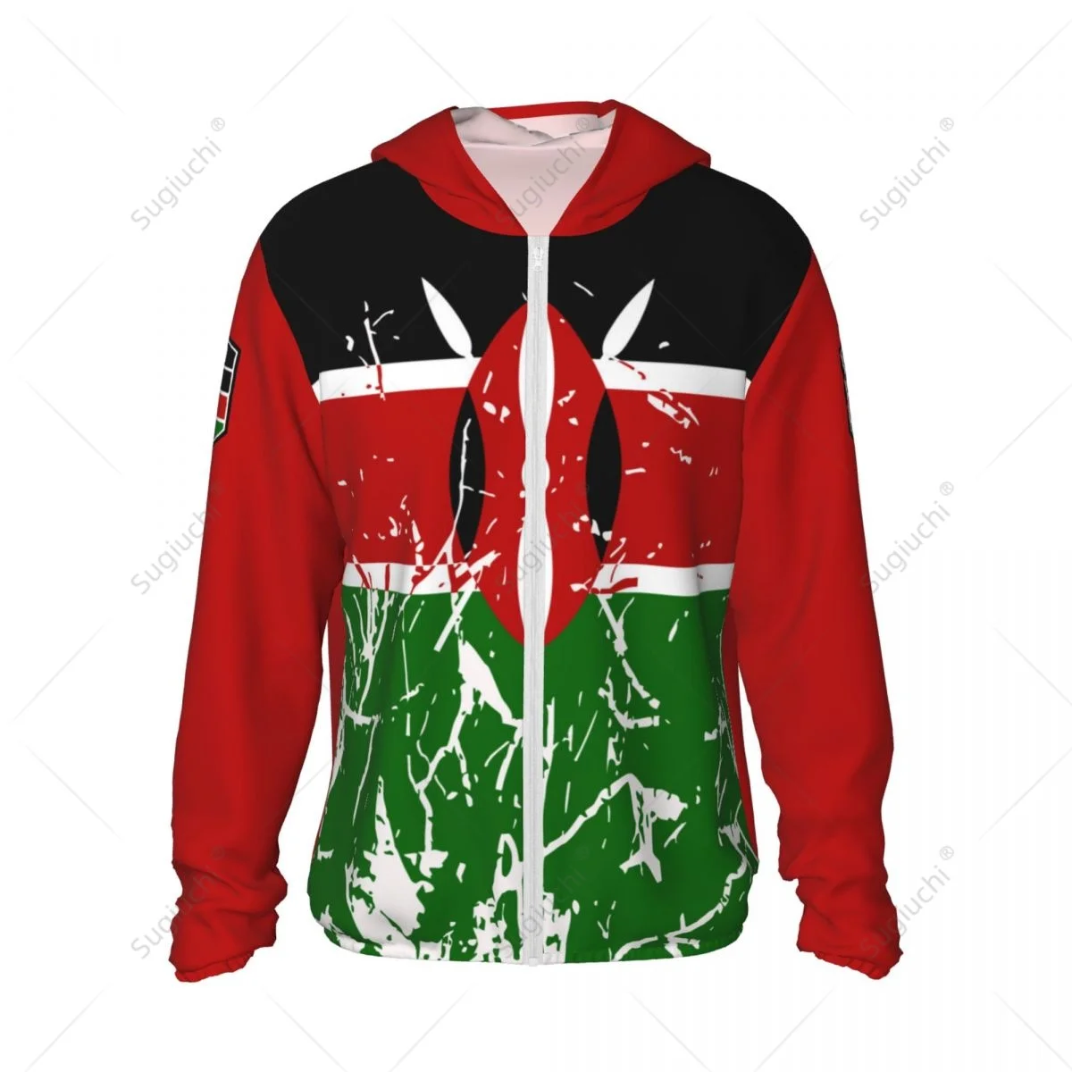 Poliéster Hoodie com zíper, manga comprida, proteção solar, roupas de pesca, ciclismo, corrida, proteção solar, bandeira do Quênia, secagem rápida