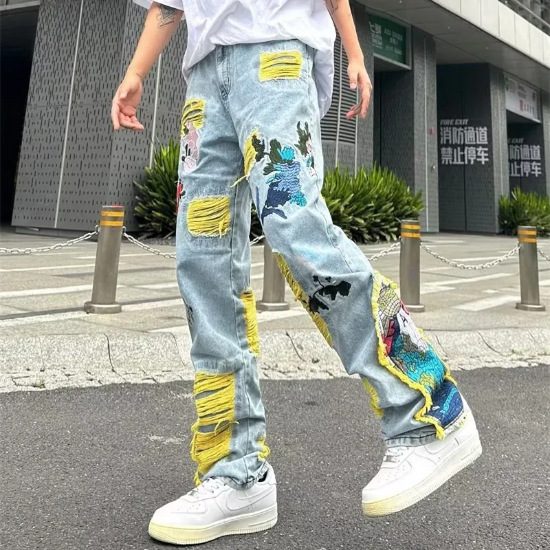 Y2K Europe America Streetwear Stacked Ripped Baggy Jeans Pants Men Clothing Graphic Embroidery Hip Hop Denim Trousers Pantalons